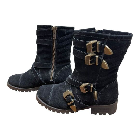 Shellys London Sz 7 Black Leather Suede Biker Moto Combat Boots Buckle Shoes - Picture 2 of 10